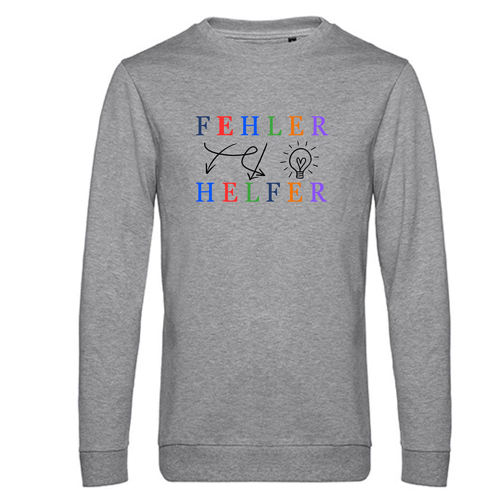 ein grauer pullover wo fehler helfer drauf steht mit modernen icons fehler sind helfer