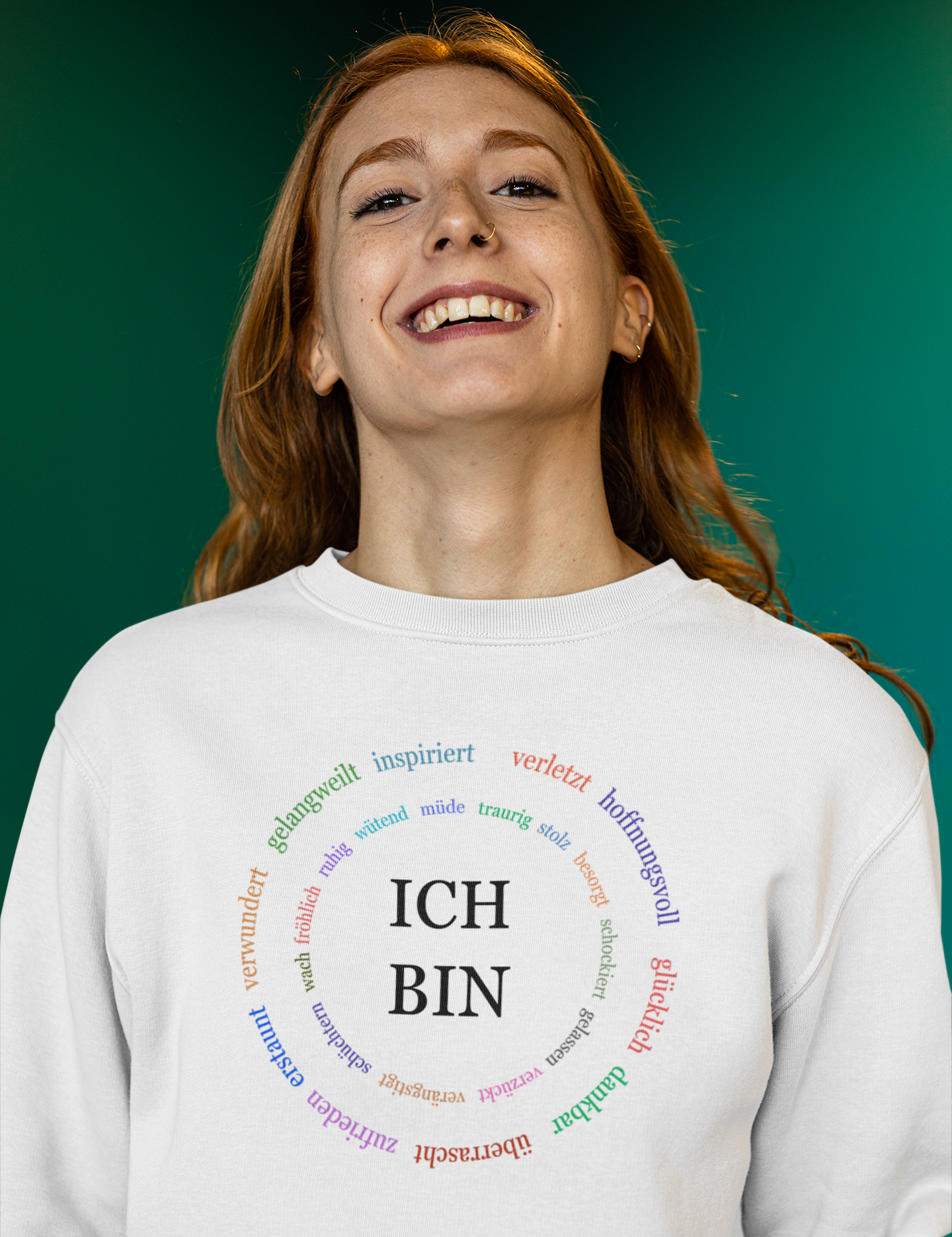 ein weißer pullover mit den Worten Ich bin und vielen kleineren bunten adjektiven im kreis