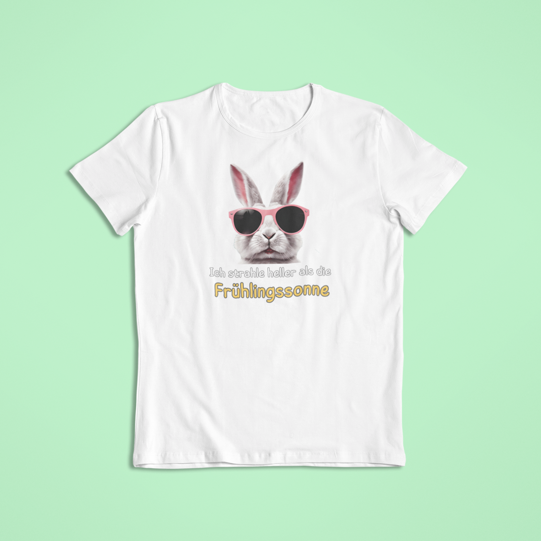 Weißes Kinder-T-Shirt mit niedlichem Hasenmotiv in Sonnenbrille und der Affirmation „Ich strahle heller als die Frühlingssonne“ – achtsame Mode mit positiver Botschaft zur Stärkung von Selbstvertrauen und innerer Stärke