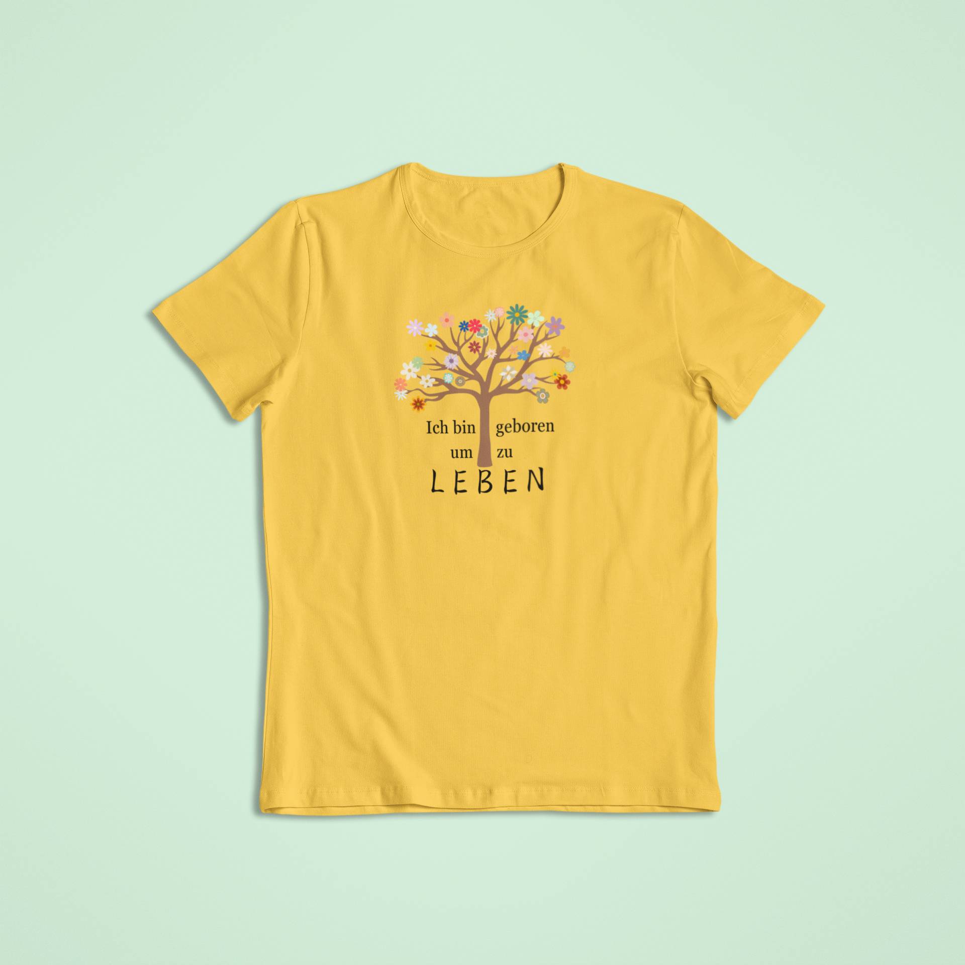 Kinder-Affirmationsshirt in Gold mit blühendem Lebensbaum und dem Spruch „Ich bin geboren um zu leben“.