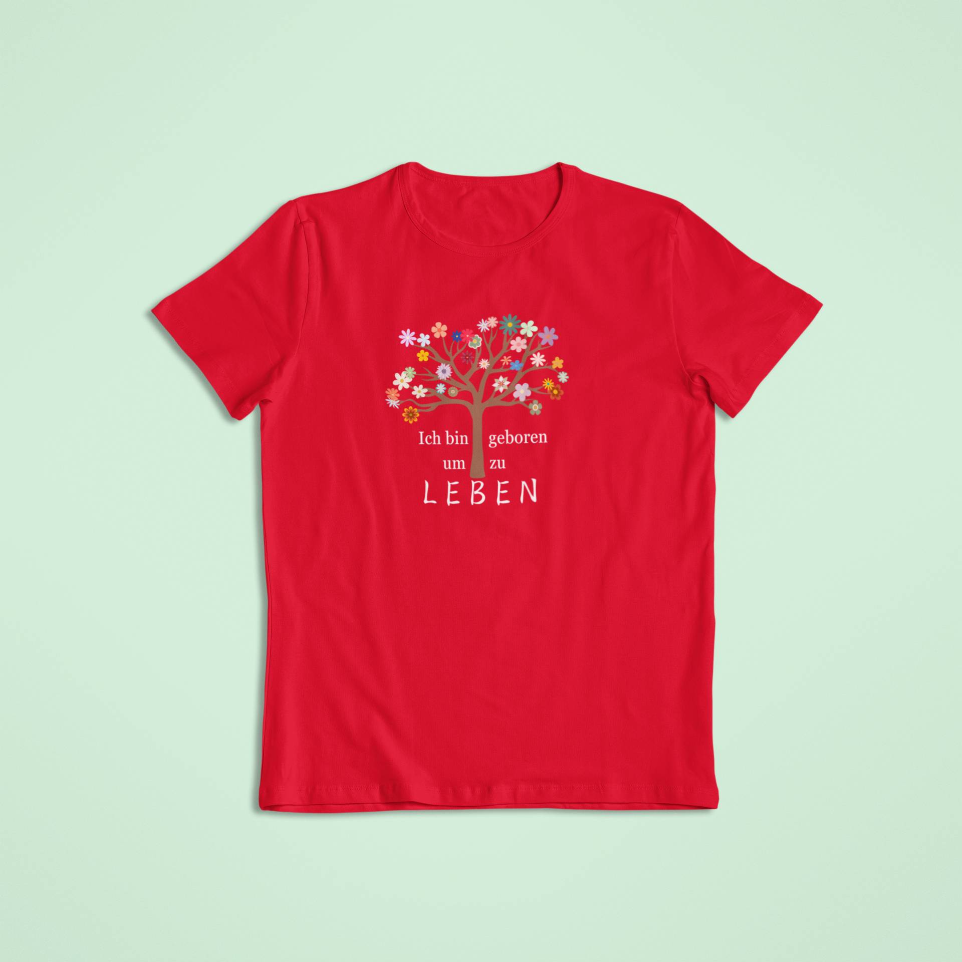 Rotes Kinder-Affirmationsshirt mit buntem Lebensbaum und dem inspirierenden Spruch „Ich bin geboren um zu leben“.