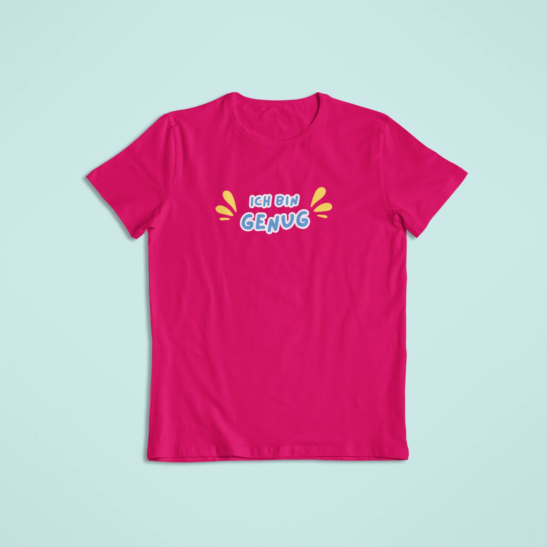 Pinkfarbenes Kinder-Affirmationsshirt mit bunter Aufschrift „Ich bin genug“ – kraftvolle Botschaft für Selbstwert und Mut im Alltag. Ideal für kleine Held*innen.