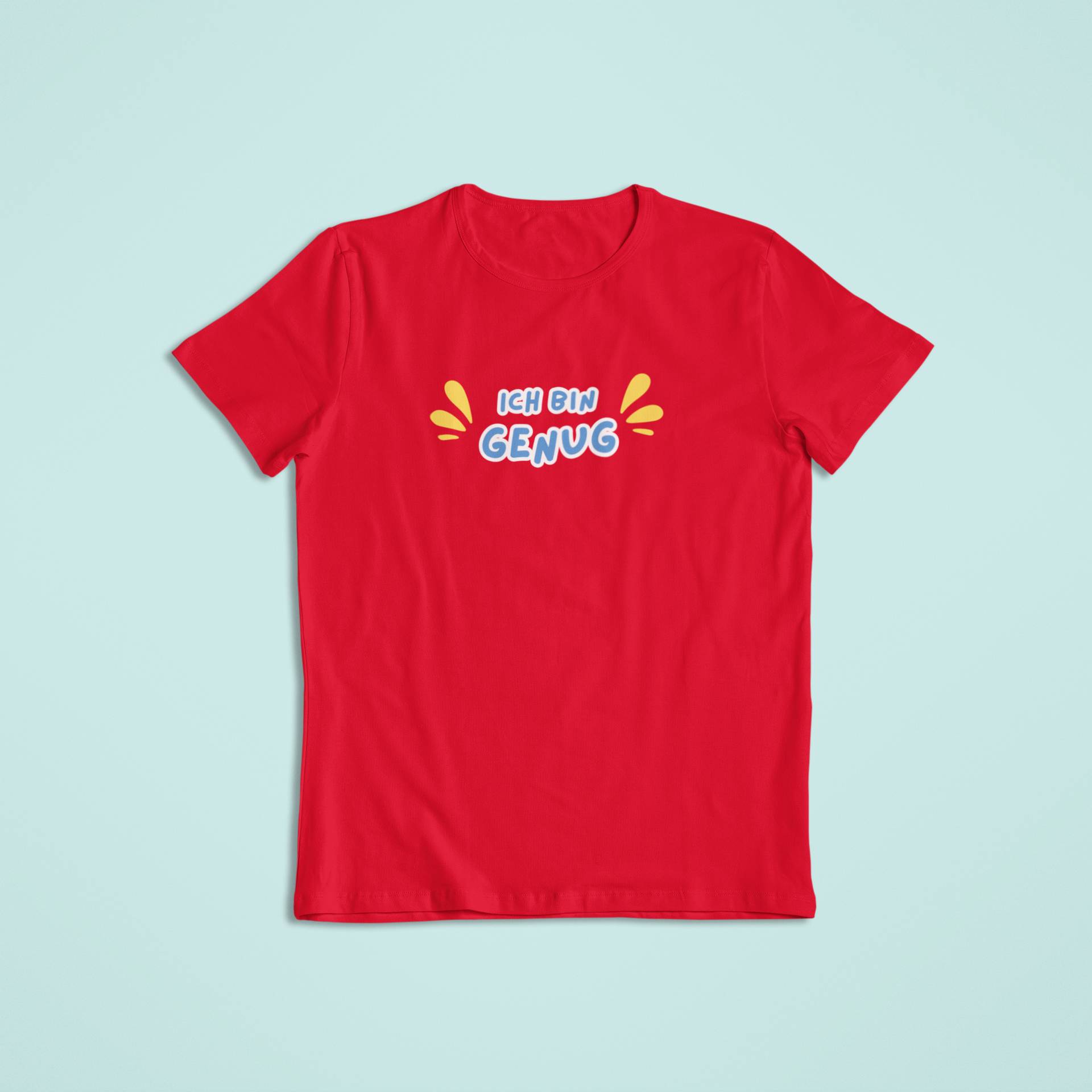 Rotes Kinder-T-Shirt mit blauer Aufschrift „Ich bin genug“ und gelben Akzenten. Ausdrucksstarkes Statement-Shirt für starke Kinder, die wissen: Ich bin gut, so wie ich bin