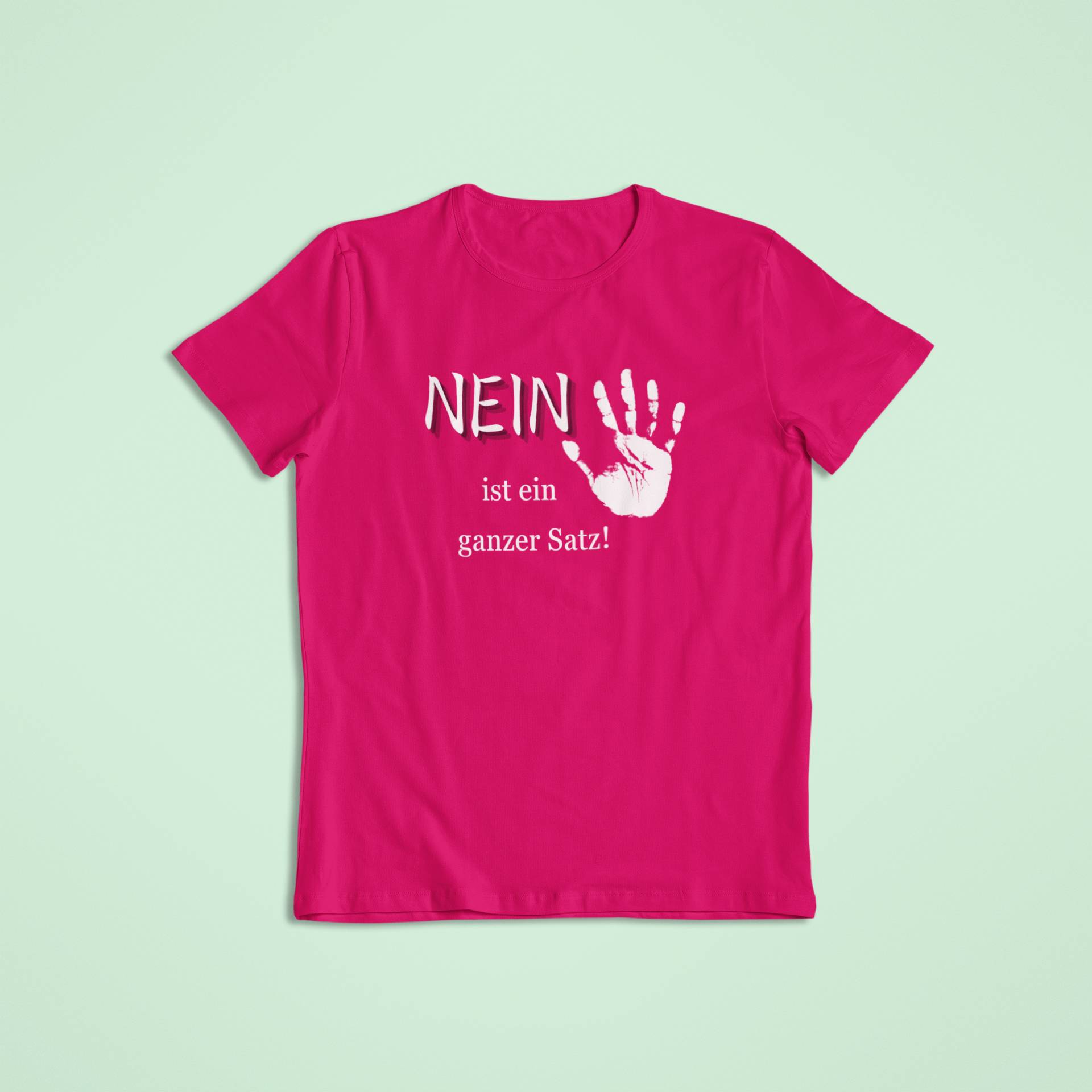 Pinkfarbenes Kindershirt mit weißer Aufschrift „NEIN ist ein ganzer Satz!“ – liebevoll veredelt für starke Mädchen und Jungen, die sich selbst vertrauen dürfen.