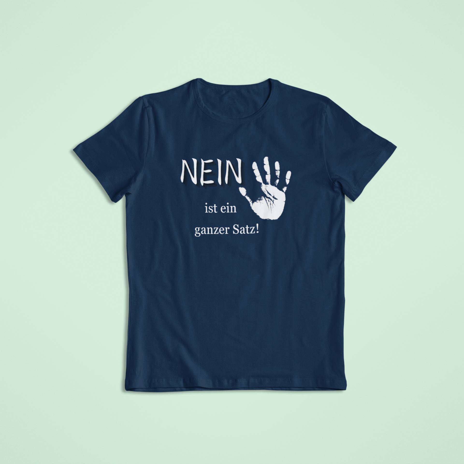 Dunkelblaues Kinder-Affirmationsshirt mit weißem Handprint und kraftvoller Botschaft: „NEIN ist ein ganzer Satz!“ – unterstützt Kinder in ihrer Grenzsetzung.