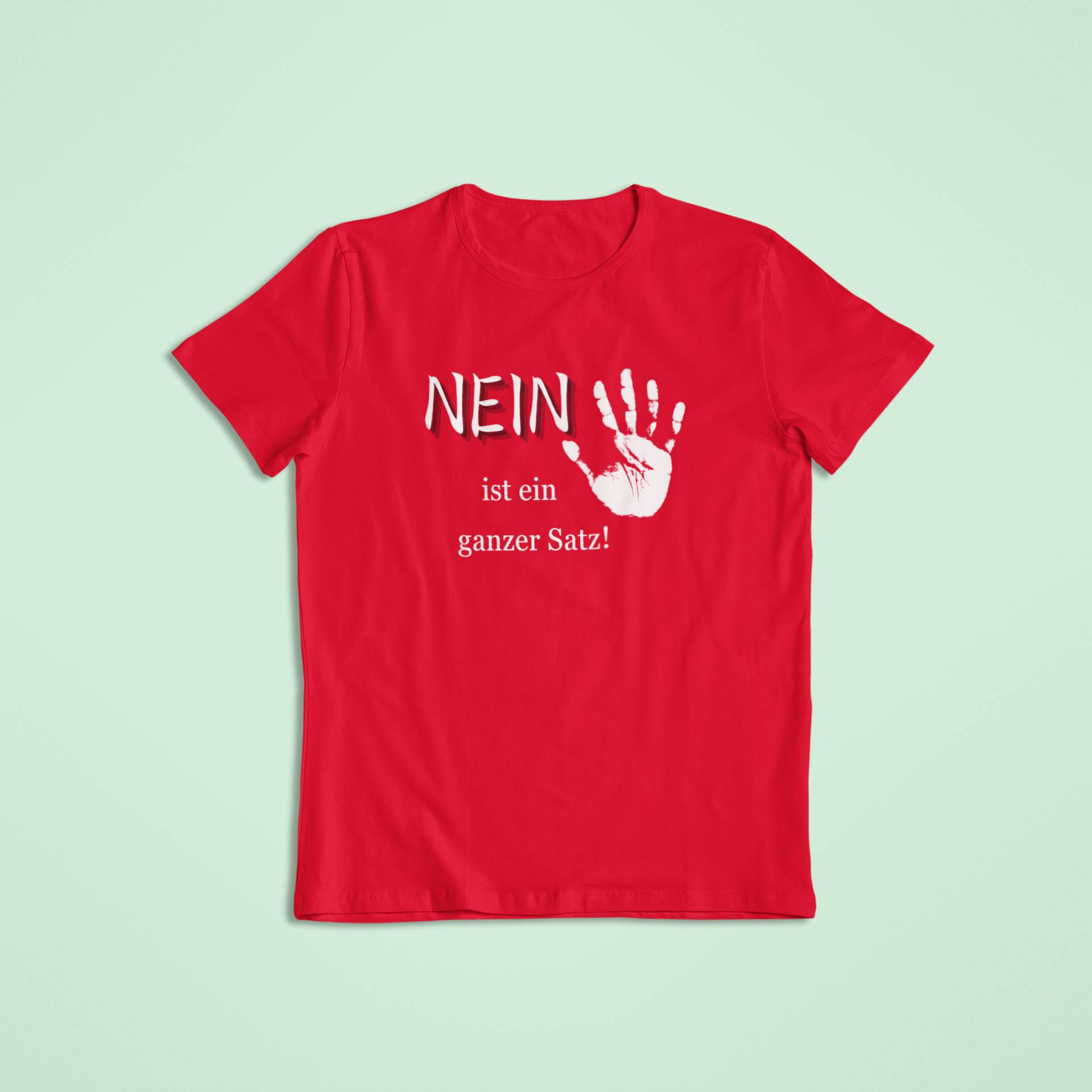 Rotes Shirt für Kinder mit weißer Schrift „NEIN ist ein ganzer Satz!“ und Handabdruck – perfekt für kleine Persönlichkeiten, die lernen dürfen, für sich einzustehen.