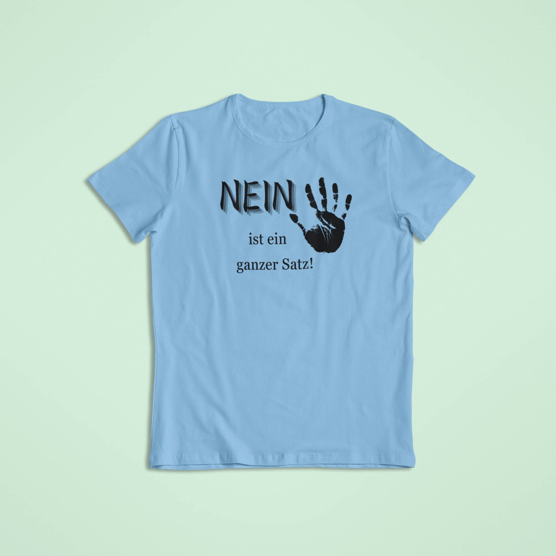 Hellblaues Affirmationsshirt für Kinder mit schwarzem Handprint und der Aussage „NEIN ist ein ganzer Satz!“ – stärkt Selbstbewusstsein und vermittelt klare Botschaften.