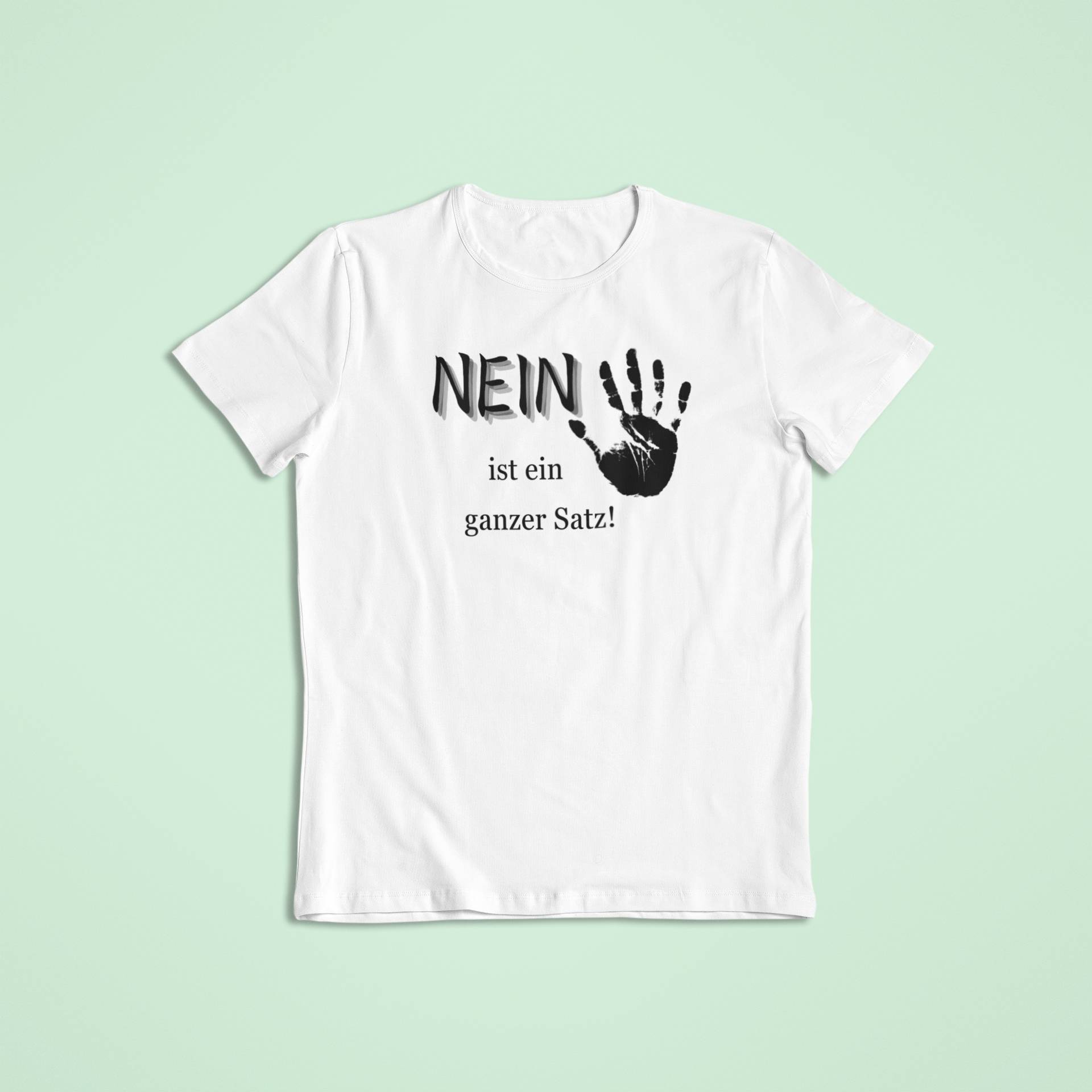 Weißes Kindershirt mit schwarzem Handabdruck und der Aufschrift „NEIN ist ein ganzer Satz!“ – ideal für eine achtsame Erziehung mit Fokus auf Selbstwirksamkeit.