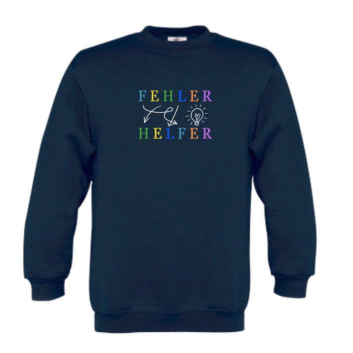 navy Kinder-Achtsamkeitssweatshirt mit der Botschaft „Fehler – Helfer“. Farbige Buchstaben, kreative Icons und kindgerechte Aussage – ideal für Schulstart, Mutmacher oder Geschenk.