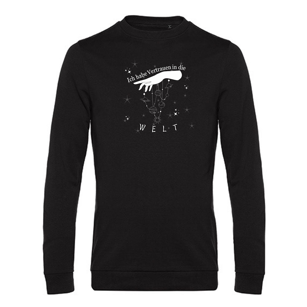 schwarzer pullover mit weißem print marionetten hand und planeten für den fluss des lebens ich habe vertrauen in die welt