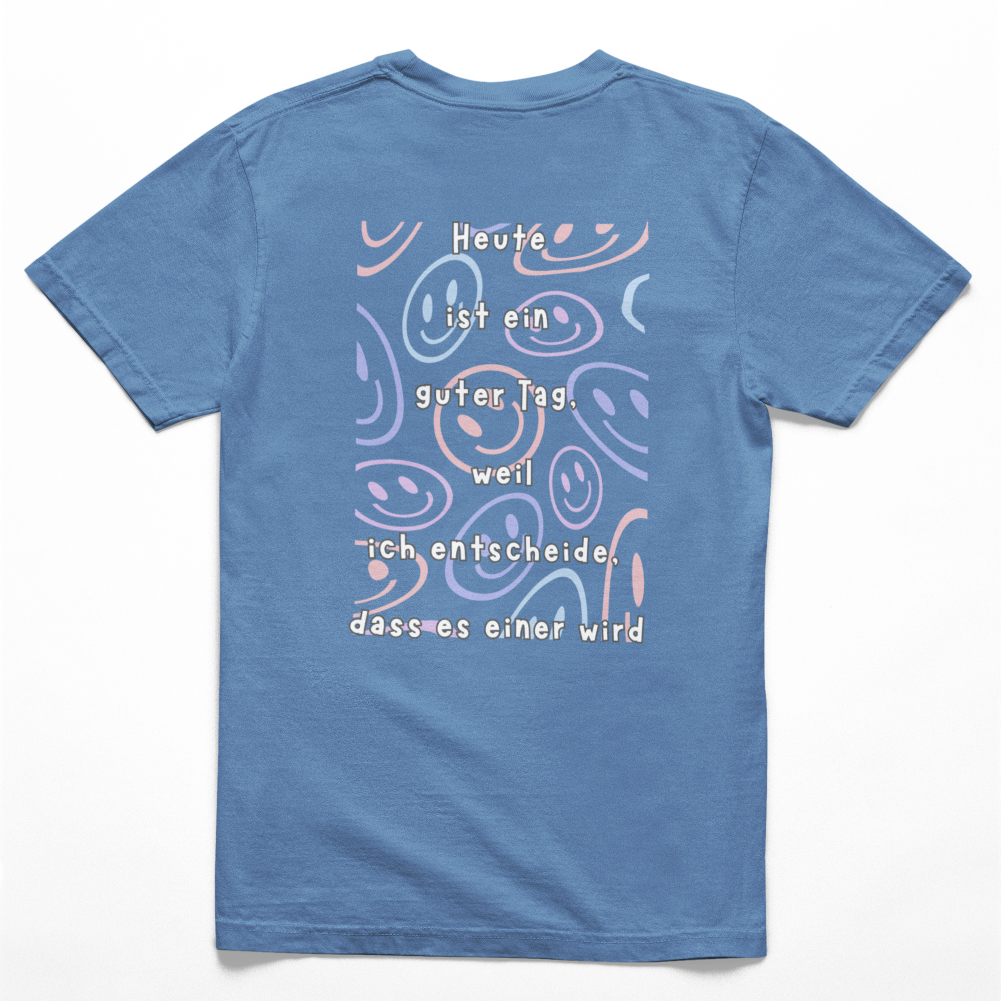 Rückseite eines indigo-blauen Kinder-T-Shirts mit farbenfrohem Smiley-Muster und dem Spruch: ‚Heute ist ein guter Tag, weil ich entscheide, dass es einer wird.‘