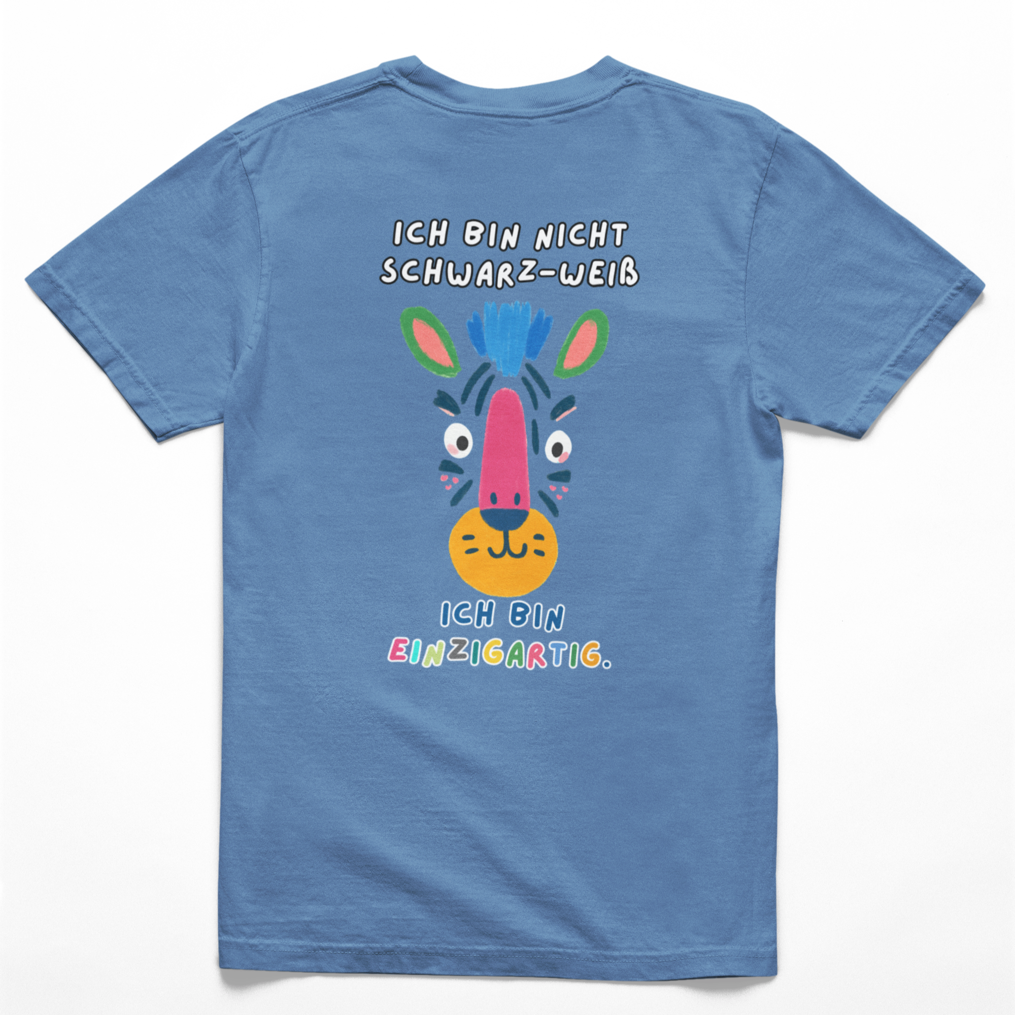 Rückseite in Indigo mit Zebra-Illustration und Affirmation „Ich bin nicht schwarz-weiß – ich bin einzigartig“