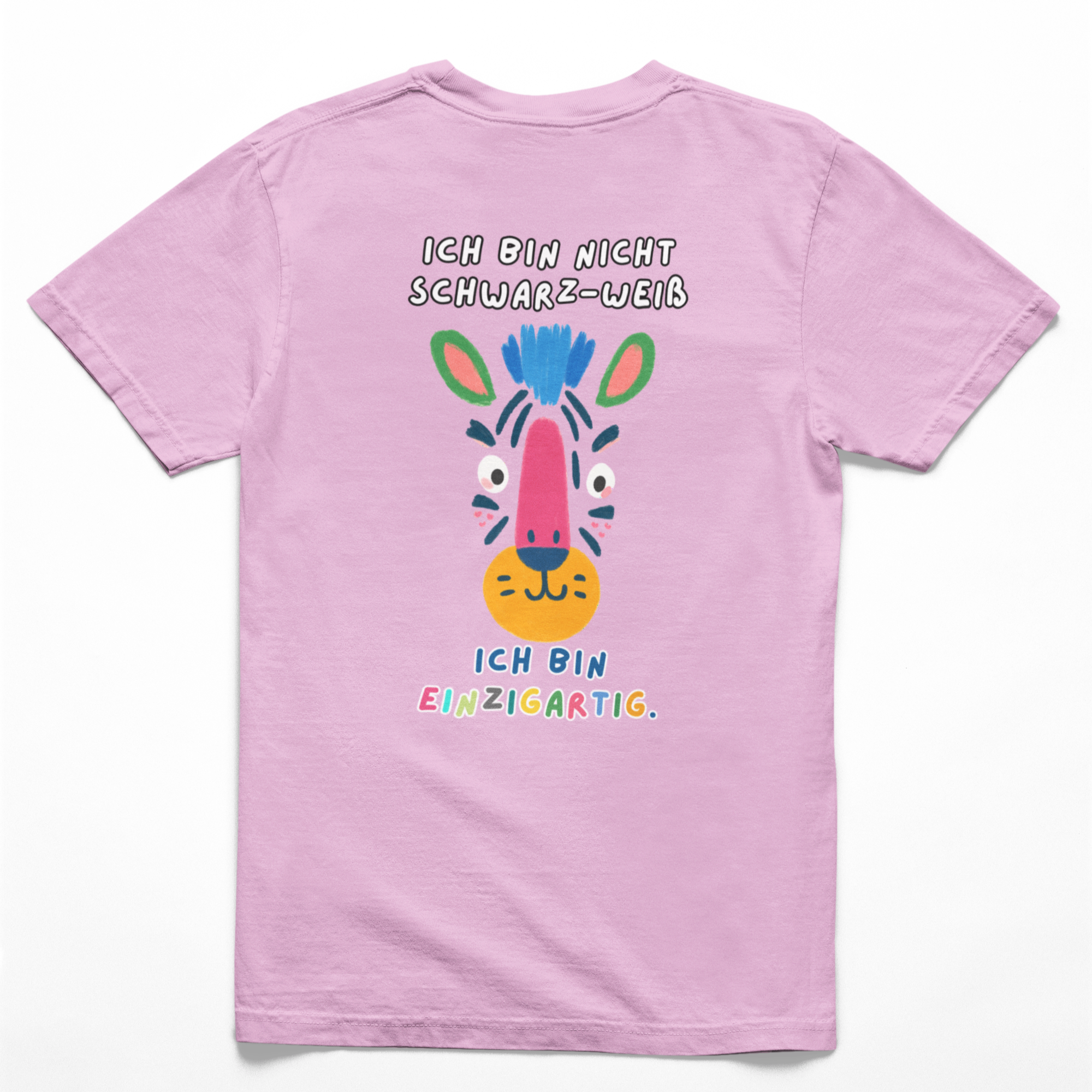 Rückseite in Rosa mit Zebra-Illustration und Affirmation „Ich bin nicht schwarz-weiß – ich bin einzigartig