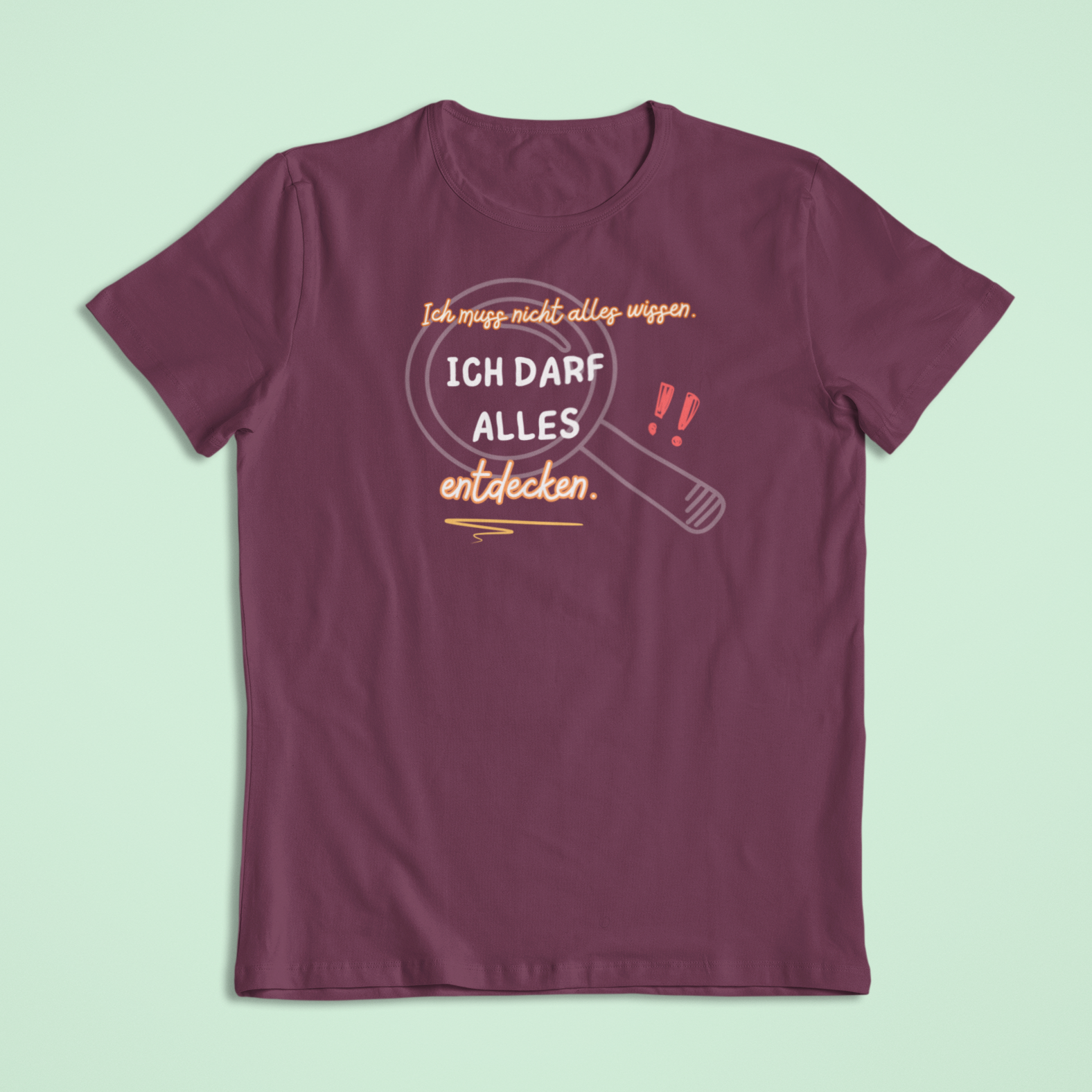 T-Shirt in Burgundy mit dem Aufdruck: Ich darf alles entdecken – Einschulungskollektion von Sinachtsam