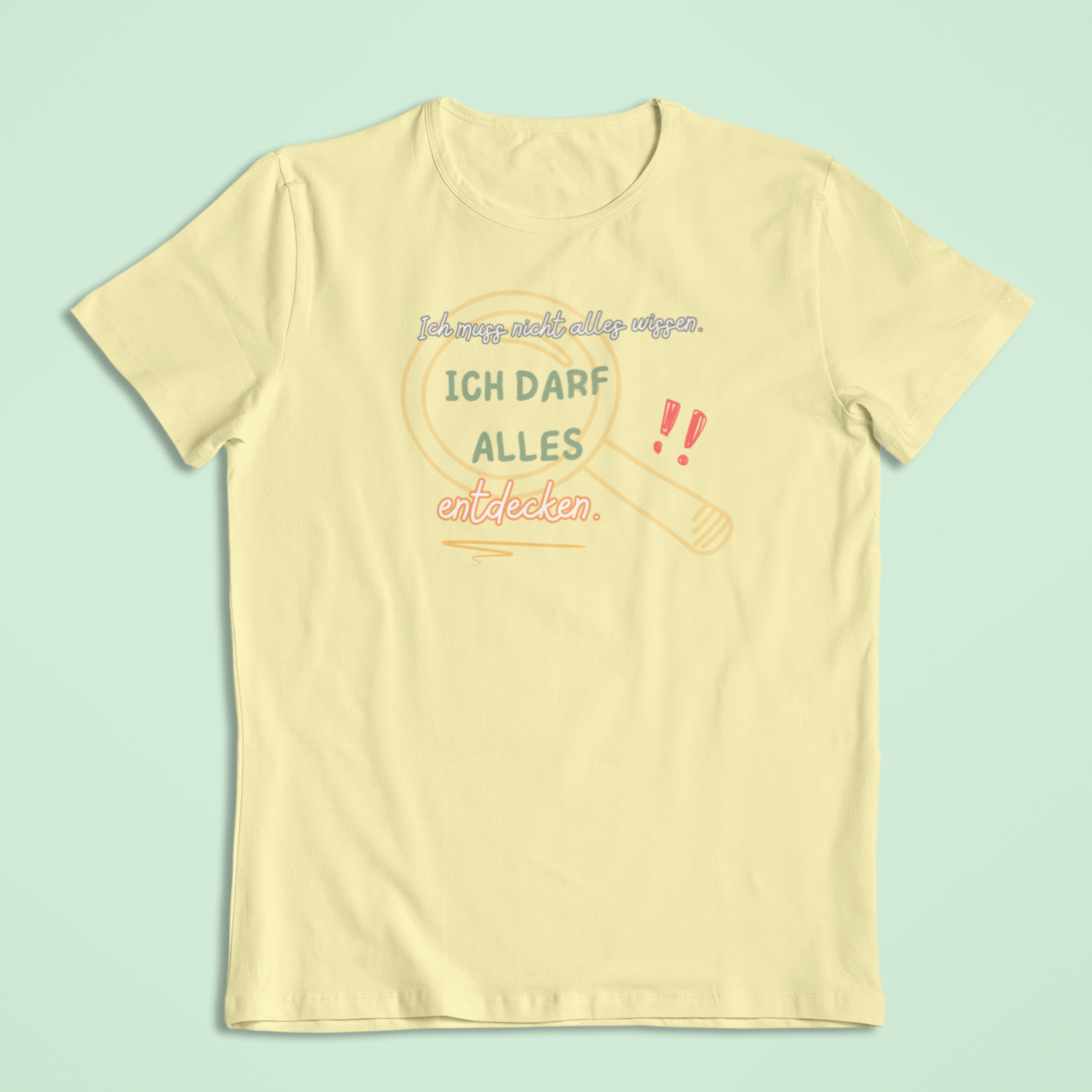 T-Shirt in Gelb mit dem Aufdruck: Ich darf alles entdecken – Einschulungskollektion von Sinachtsam