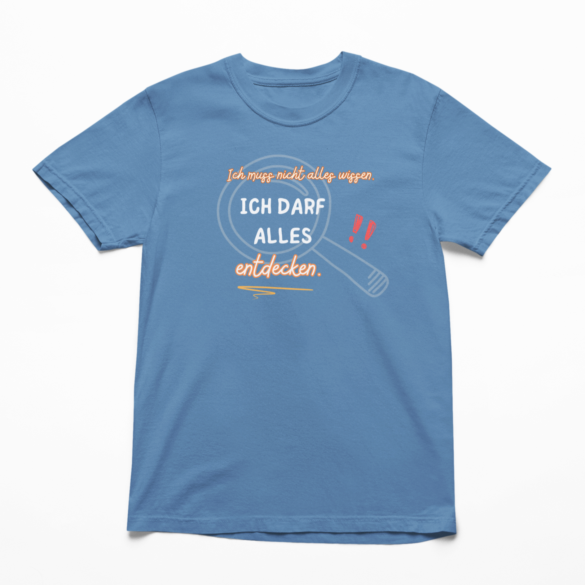 T-Shirt in Indigo Blue mit dem Aufdruck: Ich darf alles entdecken – Bio-Affirmationsshirt zur Einschulung von Sinachtsam