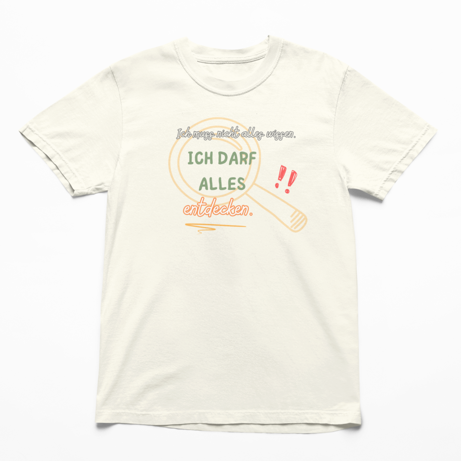 T-Shirt in Natural mit dem Aufdruck: Ich darf alles entdecken – Bio-Affirmationsshirt zur Einschulung von Sinachtsam