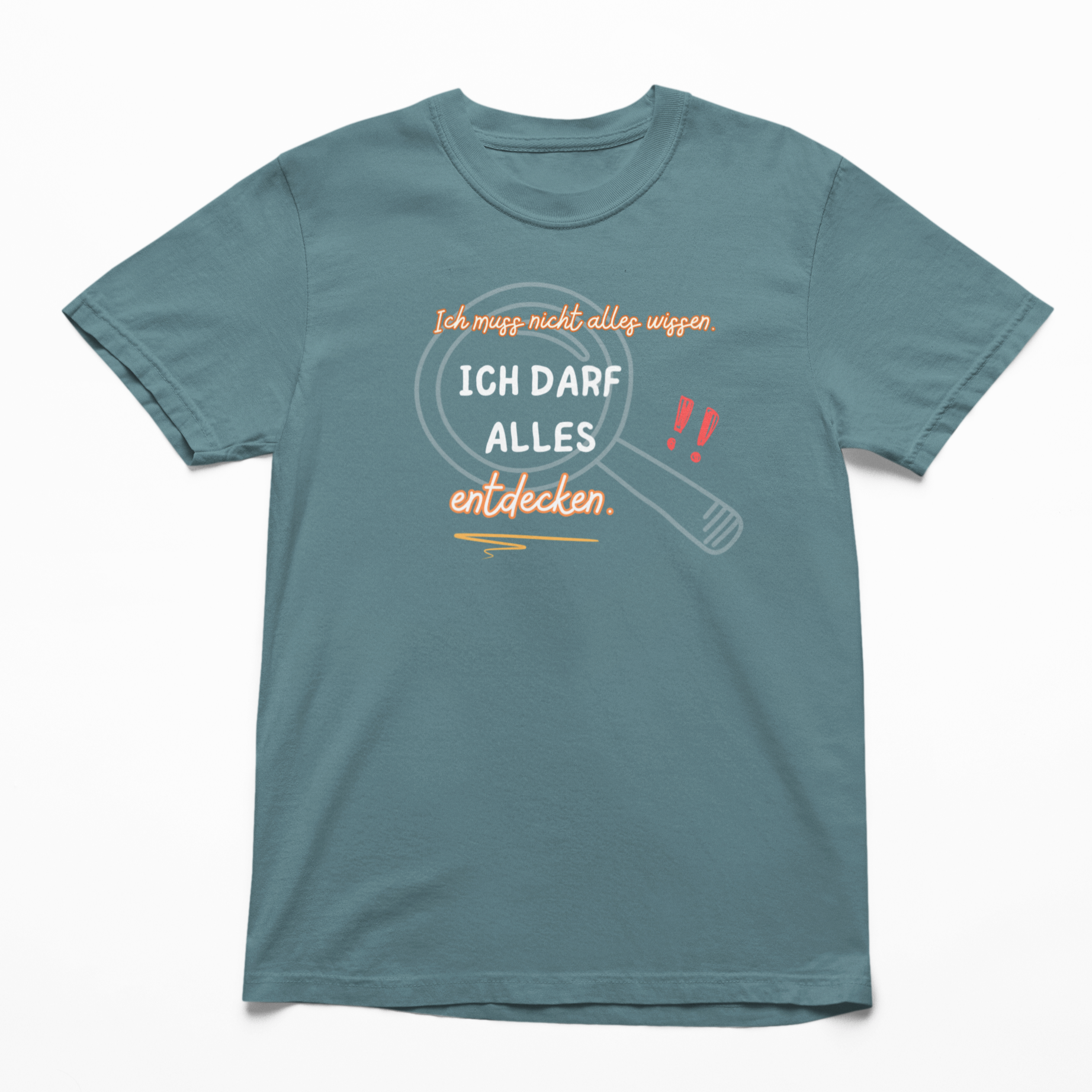 T-Shirt in Teal mit dem Aufdruck: Ich darf alles entdecken – Bio-Affirmationsshirt zur Einschulung von Sinachtsam