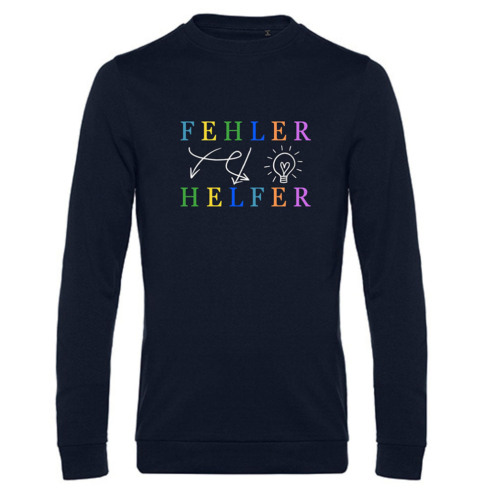 ein navy blauer pullover wo fehler helfer drauf steht mit modernen icons fehler sind helfer