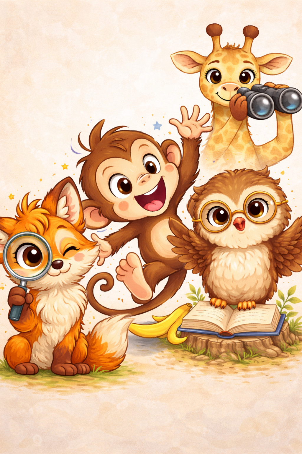 Kinder Illustration mit Affe, Eule, Fuchs und Giraffe – Affirmationen für Kinder, Mut zum Lernen, Fehler sind Helfer, Selbstvertrauen stärken