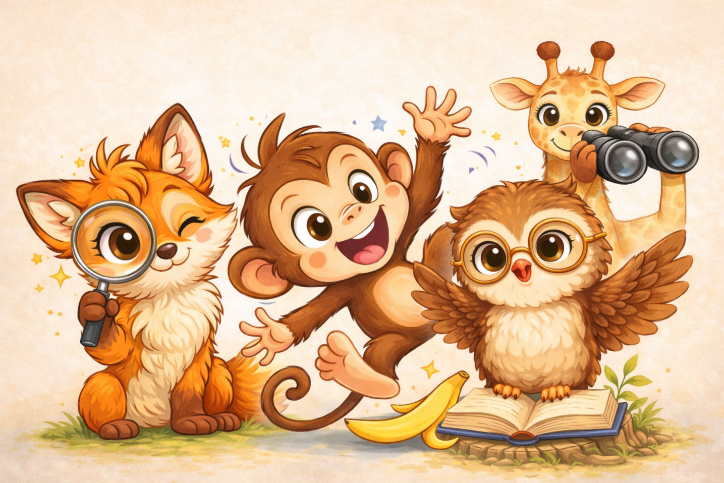 Kinder Illustration mit Affe, Eule, Fuchs und Giraffe – Affirmationen für Kinder, Mut zum Lernen, Fehler sind Helfer, Selbstvertrauen stärken
