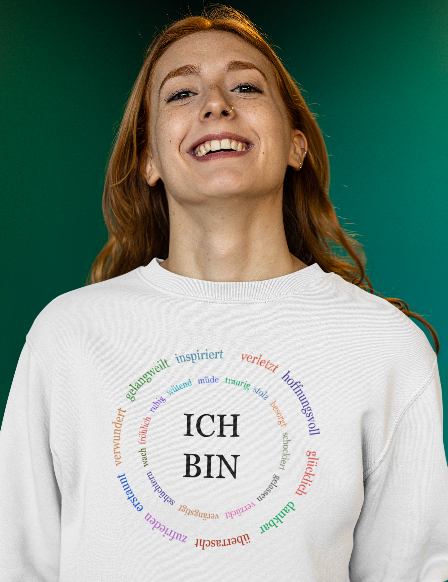 ein weißer pullover mit den Worten Ich bin und vielen kleineren bunten adjektiven im kreis 