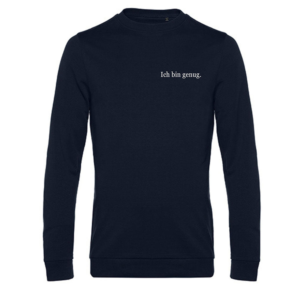 navy blauer pullover mit weißer schrift ich bin genug für die selflove