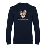 navy blauer pullover für emotionale gesundheit mit einem großen herz und leoparden print drin mit der weißen schrift ich werde geliebt 