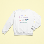 Weißes Kinder-Sweatshirt mit dem Aufdruck „Alle meine Gefühle sind meine Freunde“ in bunten Farben, verziert mit liebevollen Meeresmotiven wie Qualle, Seestern, Wal und Koralle. Das Design fördert emotionale Achtsamkeit und Selbstannahme.