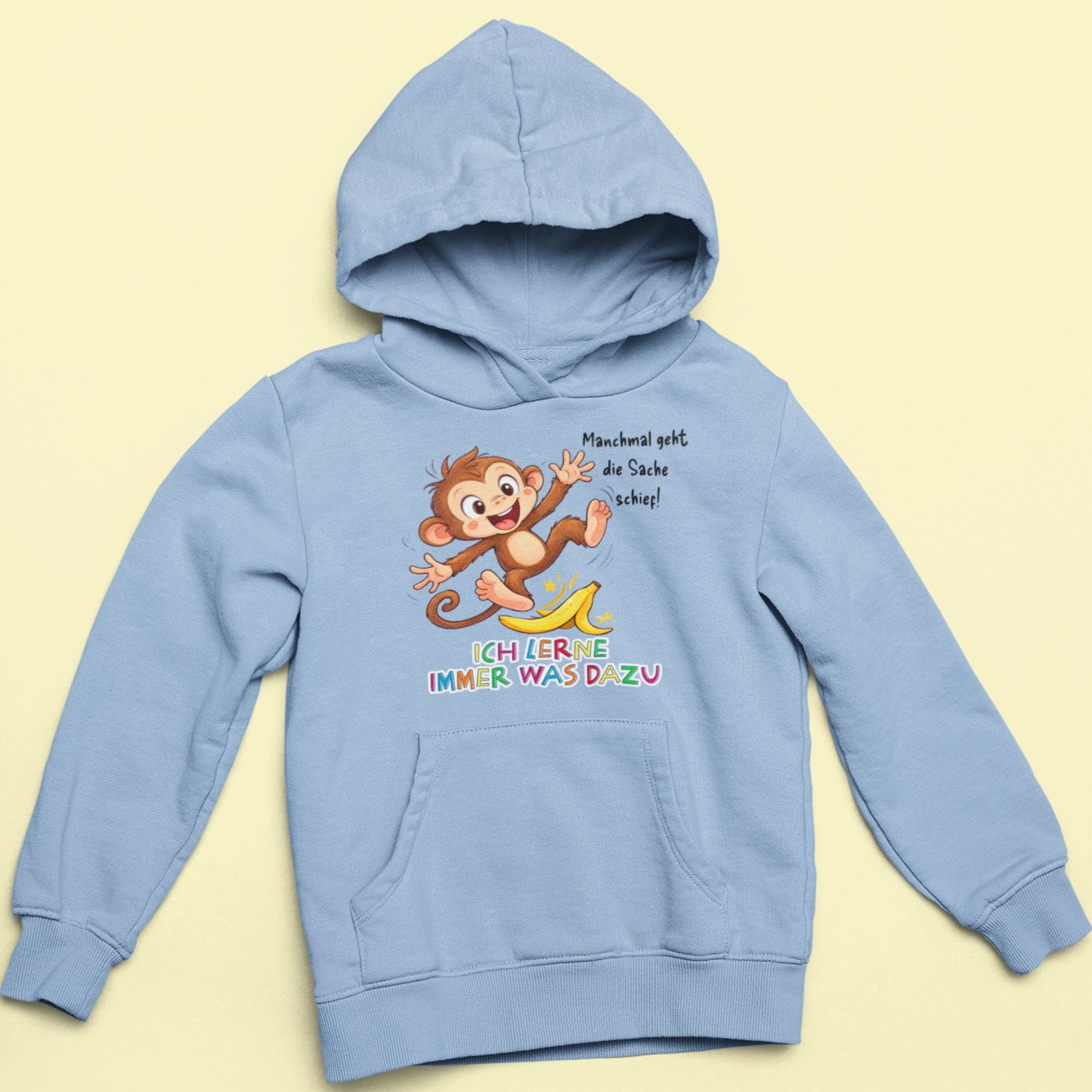Kinder Hoodie lotus blue mit Affen Motiv Milo – Affirmation Fehler sind Helfer Kinderkleidung