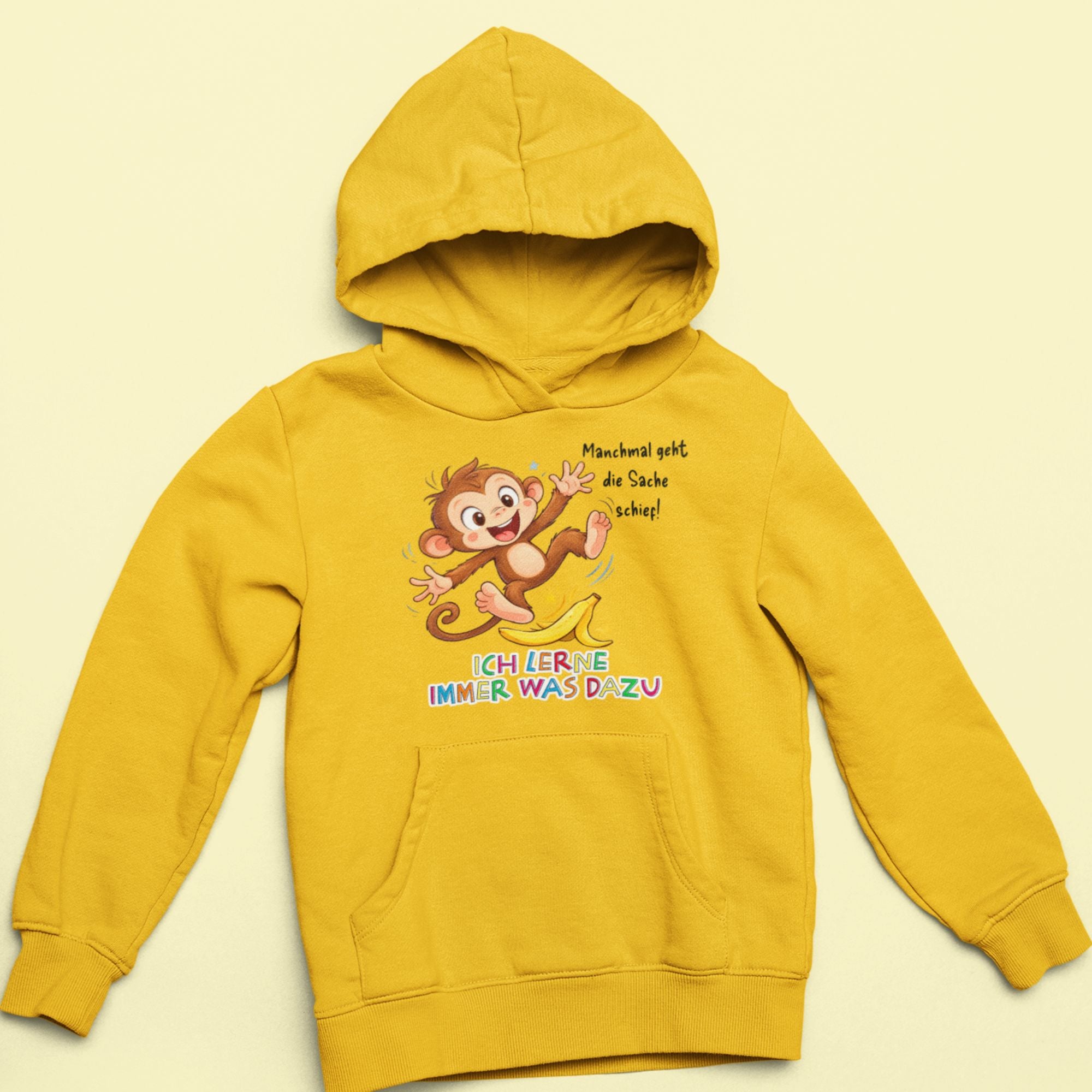 Kinder Hoodie gelb mit Affen Motiv Milo – Affirmation Fehler sind Helfer Kinderkleidung