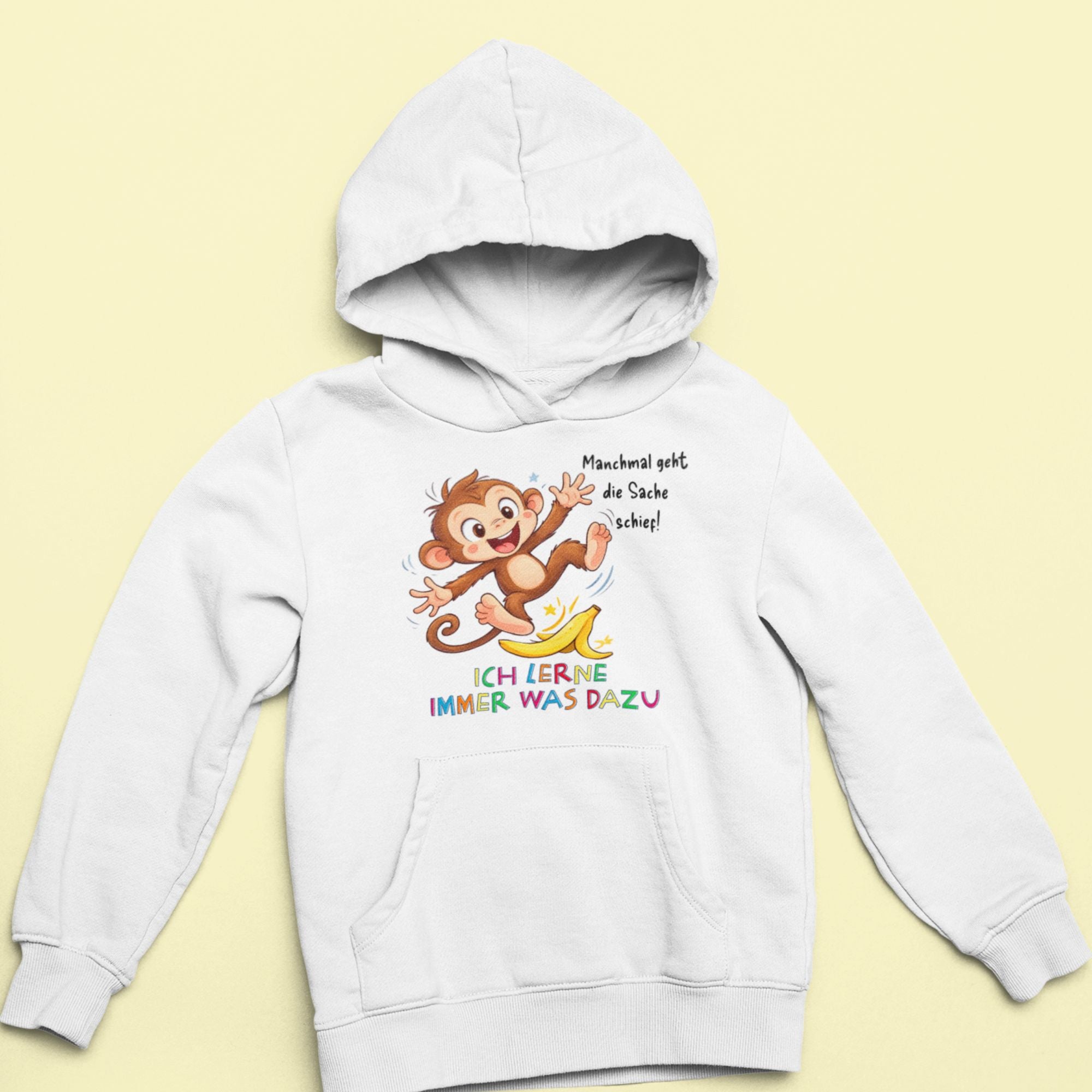 Kinder Hoodie weiß mit Affen Motiv Milo – Affirmation Fehler sind Helfer Kinderkleidung