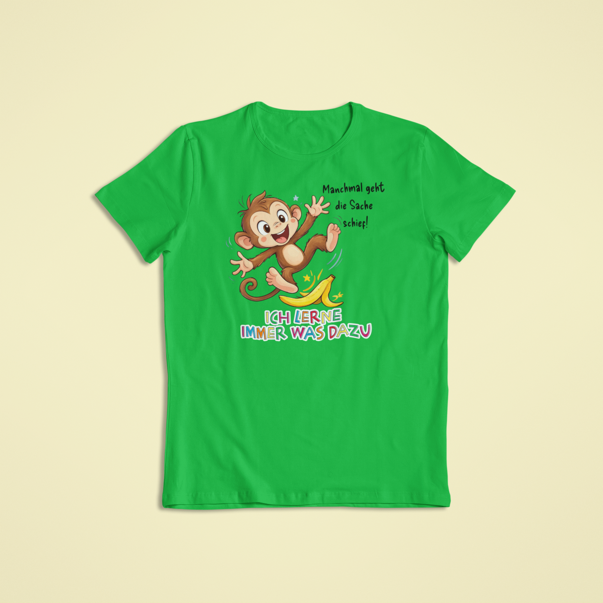 Grünes Kinder T-Shirt mit Milo der Affe und Affirmation Ich lerne immer was dazu