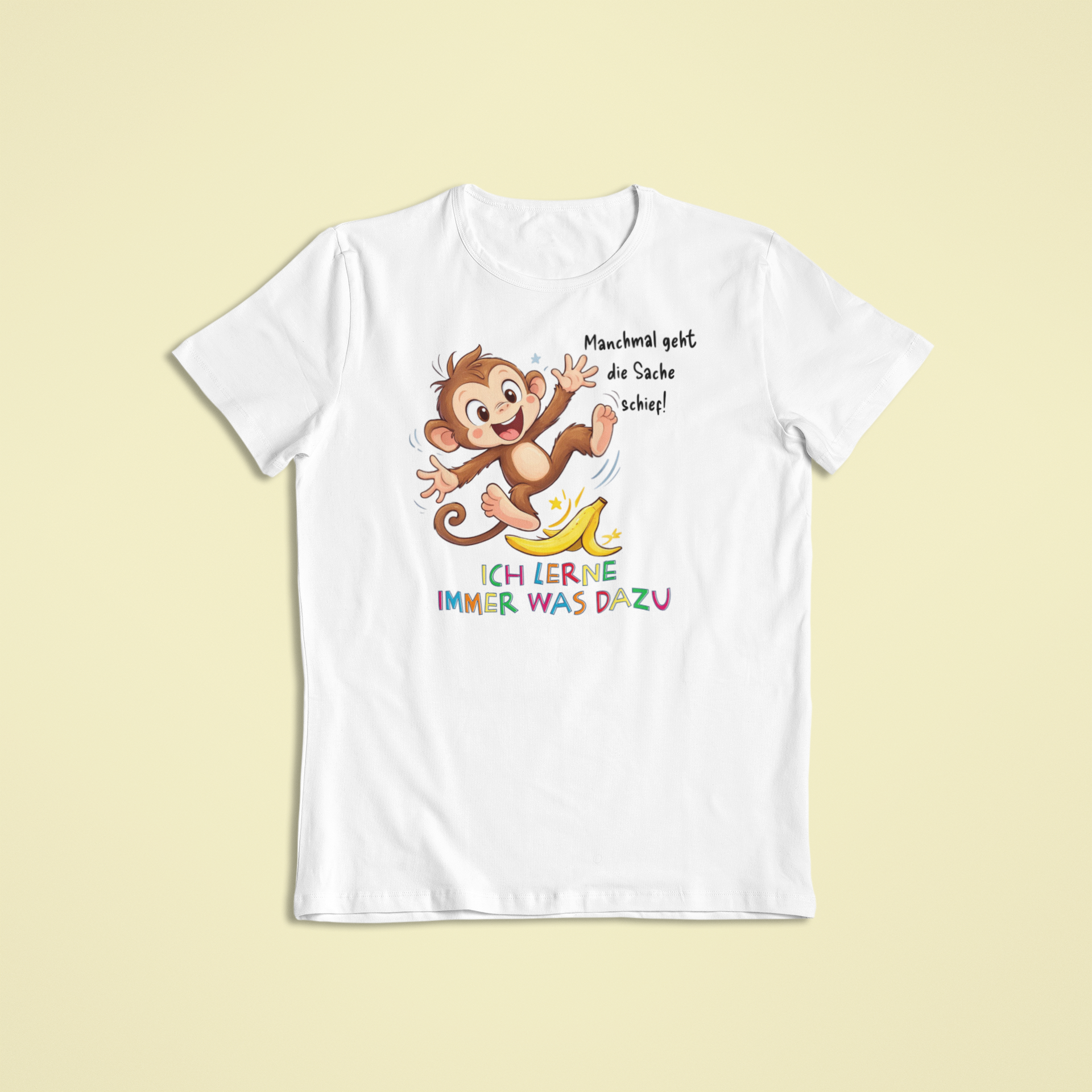 Weißes Kinder T-Shirt mit Milo der Affe Motiv und Affirmation Ich lerne immer was dazu