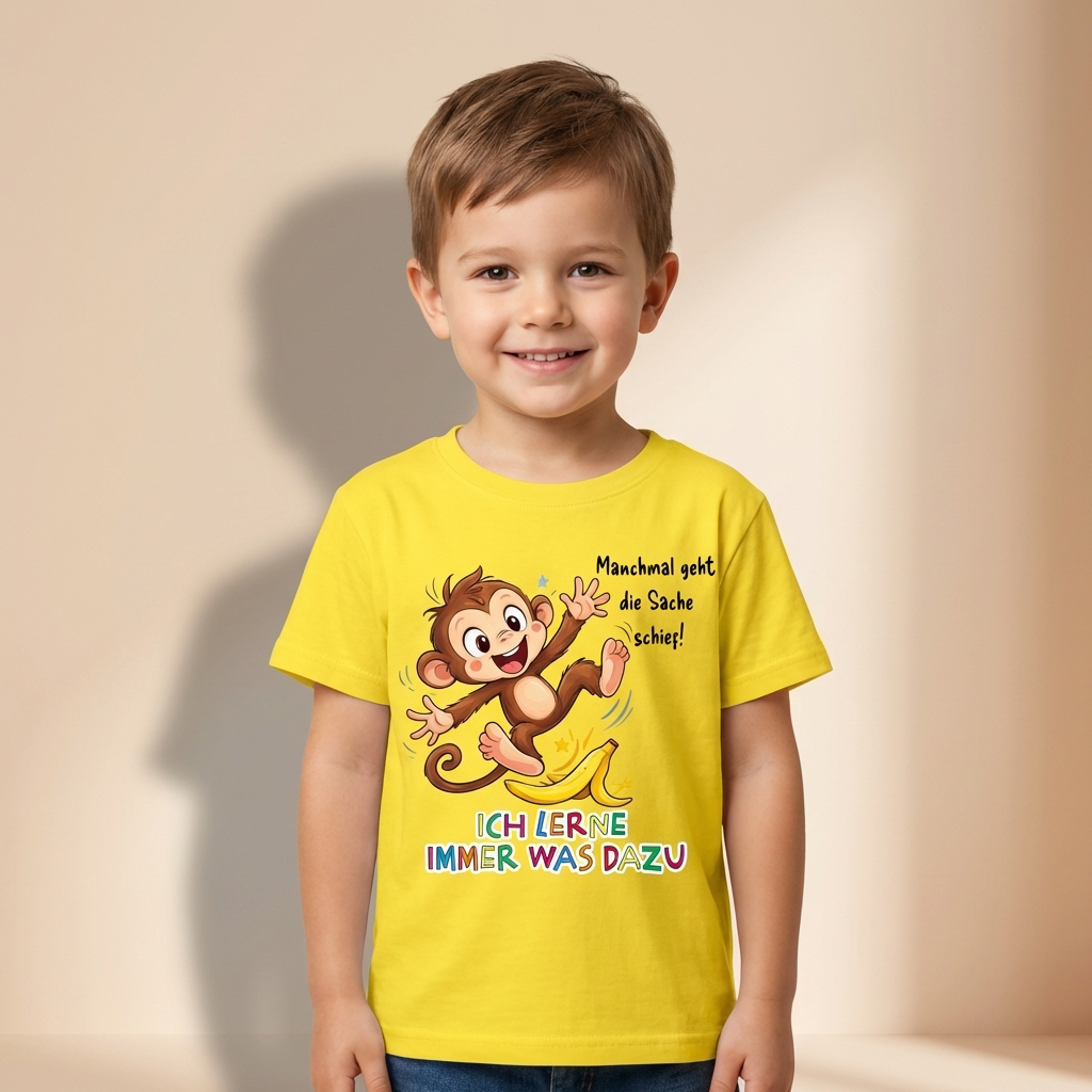 Kinder T-Shirt mit Milo der Affe Affirmation Ich lerne immer was dazu getragen von Kind