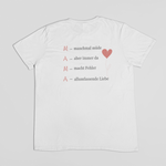 Weißes Damen-T-Shirt mit emotionalem Backprint „MAMA – manchmal müde, aber immer da, macht Fehler, allumfassende Liebe“ aus der Kollektion „Achtsame Mama“ vom Sinachtsam-Shop – Design mit Herzballon in Rosa