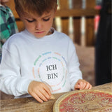 junge in einem weißen pullover mit schwarzer schrift ich bin und im kreis drumherum bunte worte wie gelangweilit, inspiriert, verletzt, hoffnungsvoll etc.