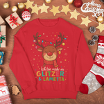 Rotes Affirmations-Sweatshirt mit Rentier und dem Schriftzug „Ich bin mehr als Glitzer & Lametta“ – liebevoll gefertigt im Sinachtsam-Shop.