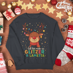 Dunkelblaues Weihnachtssweatshirt mit Rentier-Design und Aufdruck „Ich bin mehr als Glitzer & Lametta“ – achtsame Weihnachtsmode von Sinachtsam.