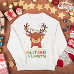 Weißes Weihnachtssweatshirt mit Rentier-Illustration und Aufdruck „Ich bin mehr als Glitzer & Lametta“ – nachhaltige Familienmode von Sinachtsam.