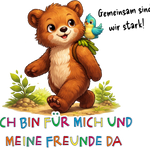 Bruno der Bär Illustration mit Vogel und Affirmation „Ich bin für mich und meine Freunde da“ – Sinachtsam Tierfreunde Design