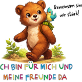 Bruno der Bär Illustration mit Vogel und Affirmation „Ich bin für mich und meine Freunde da“ – Sinachtsam Tierfreunde Design