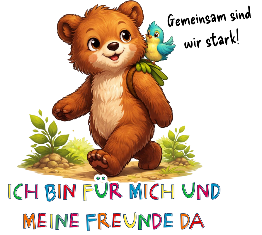 Bruno der Bär Illustration mit Vogel und Affirmation „Ich bin für mich und meine Freunde da“ – Sinachtsam Tierfreunde Design