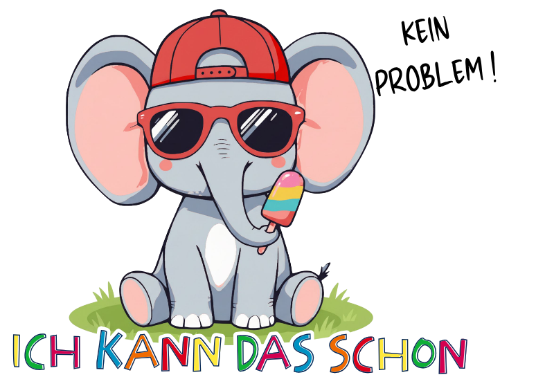 Eddy der Elefant Illustration mit Affirmation „Ich kann das schon“ – Sinachtsam Tierfreunde Design für Kinder