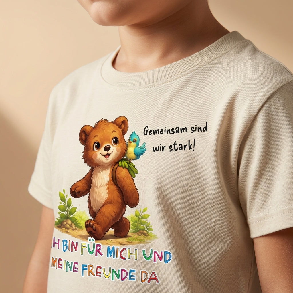 Detailaufnahme Bruno Bär Print mit Schriftzug „Ich bin für mich und meine Freunde da“ auf Sinachtsam Kinder T-Shirt