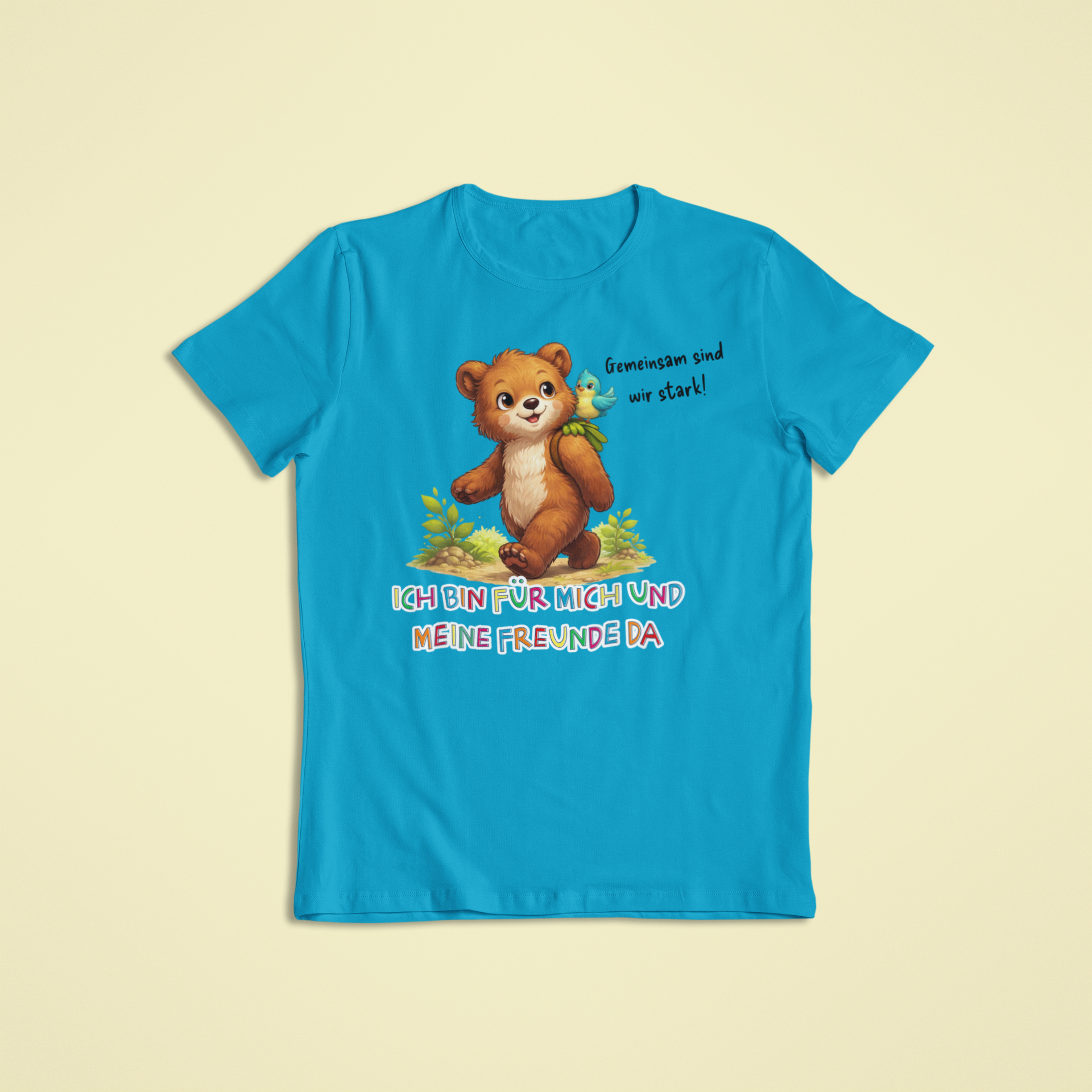 Kinder T-Shirt blau mit Bruno dem Bären und Affirmation „Ich bin für mich und meine Freunde da“ – Kinder Shirt über Freundschaft und Hilfsbereitschaft
