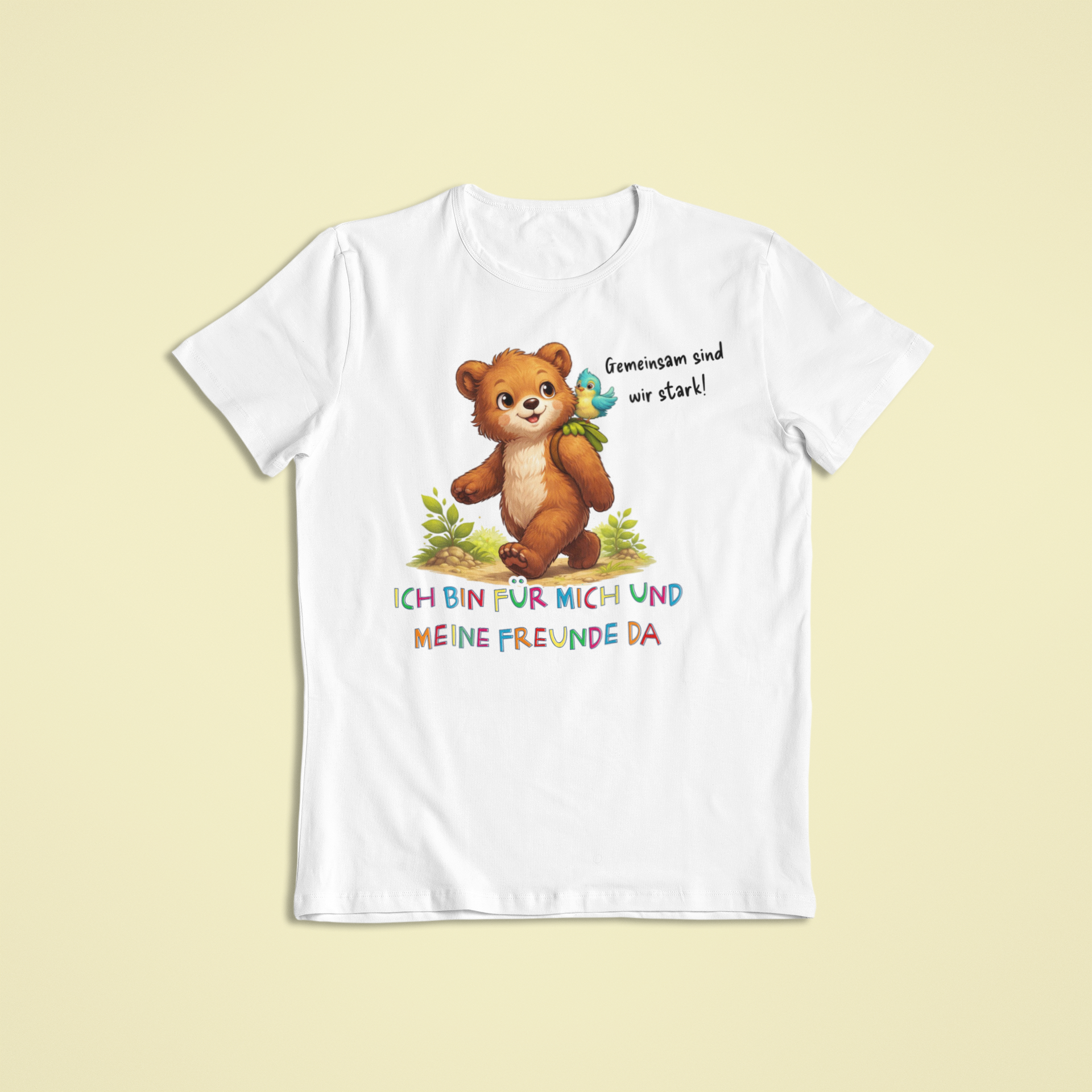 Kinder T-Shirt weiß mit Bruno dem Bären und Affirmation „Ich bin für mich und meine Freunde da“ – Sinachtsam Kinder Kleidung mit positivem Glaubenssatz