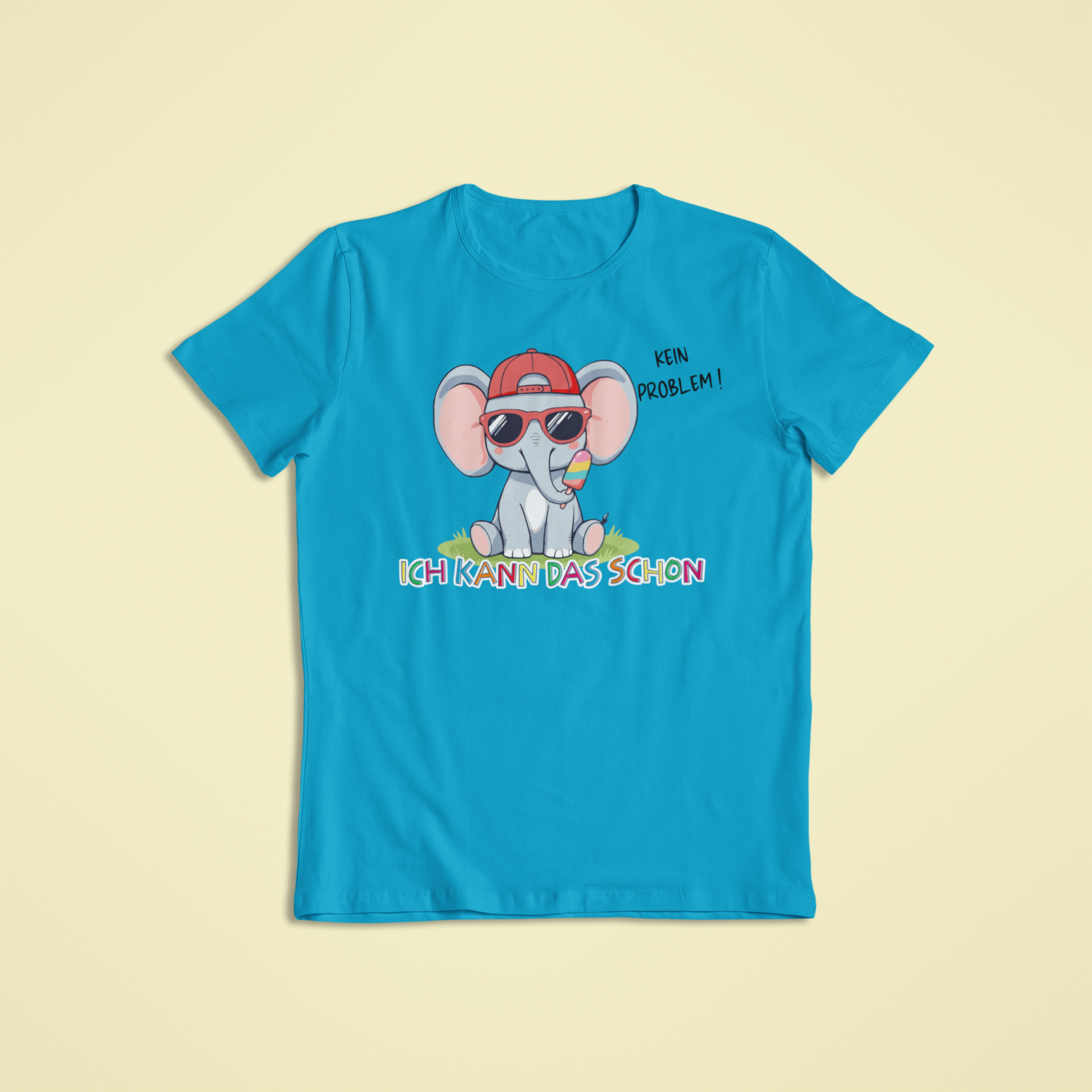 Kinder T-Shirt atollblau mit Eddy dem Elefanten und Affirmation „Ich kann das schon“ – Sinachtsmode für Kinder mit positiven Glaubenssätzen