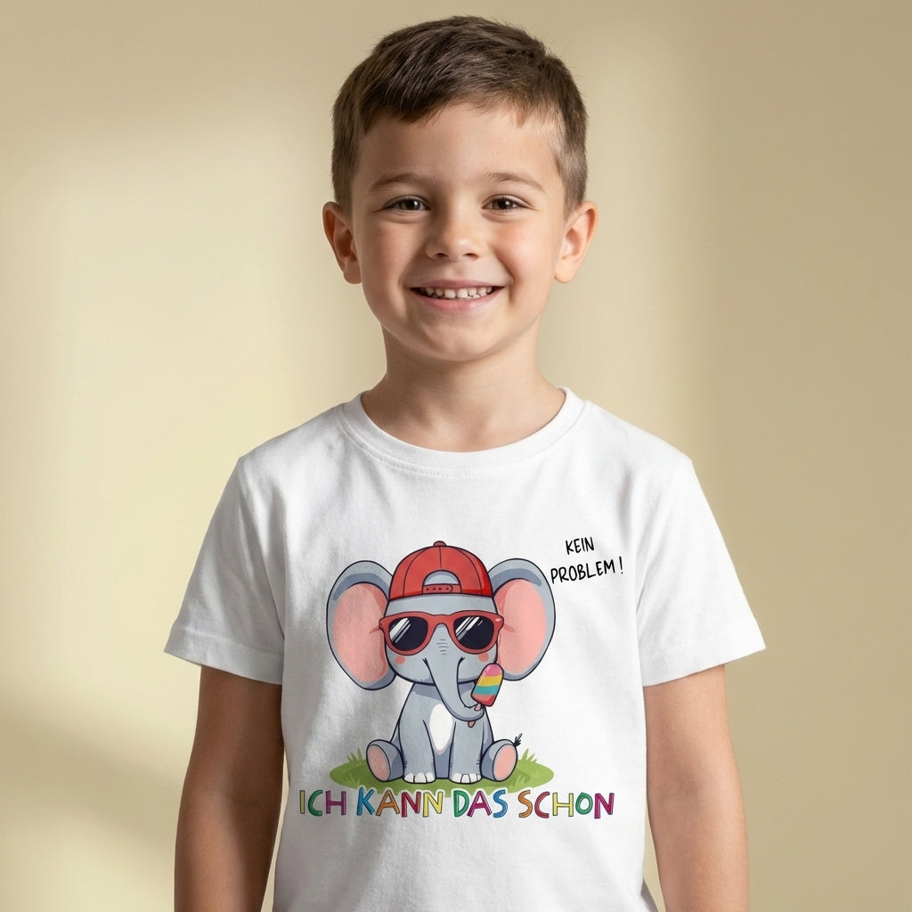 Kind trägt Sinachtsam Kinder T-Shirt mit Eddy dem Elefanten und Affirmation „Ich kann das schon“