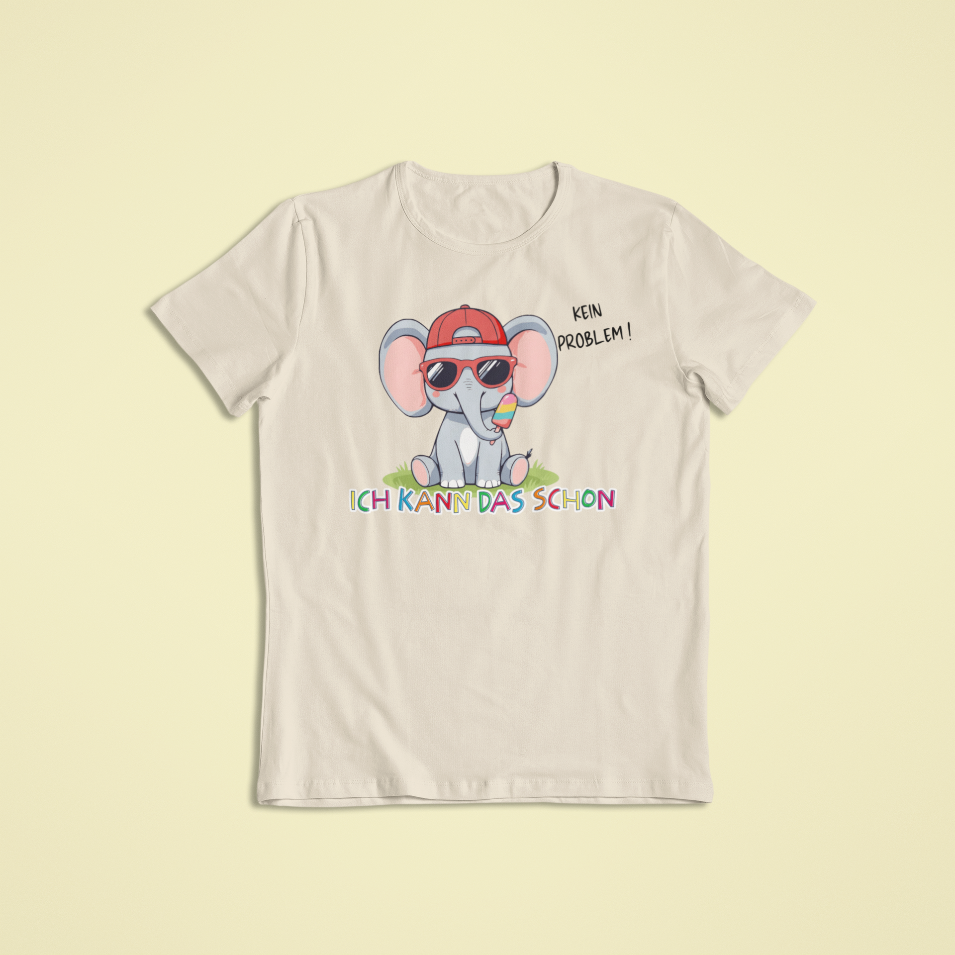 Kinder T-Shirt sandfarben mit Eddy dem Elefanten und Affirmation „Ich kann das schon“ – Sinachtsam Achtsamkeits Kleidung für Kinder